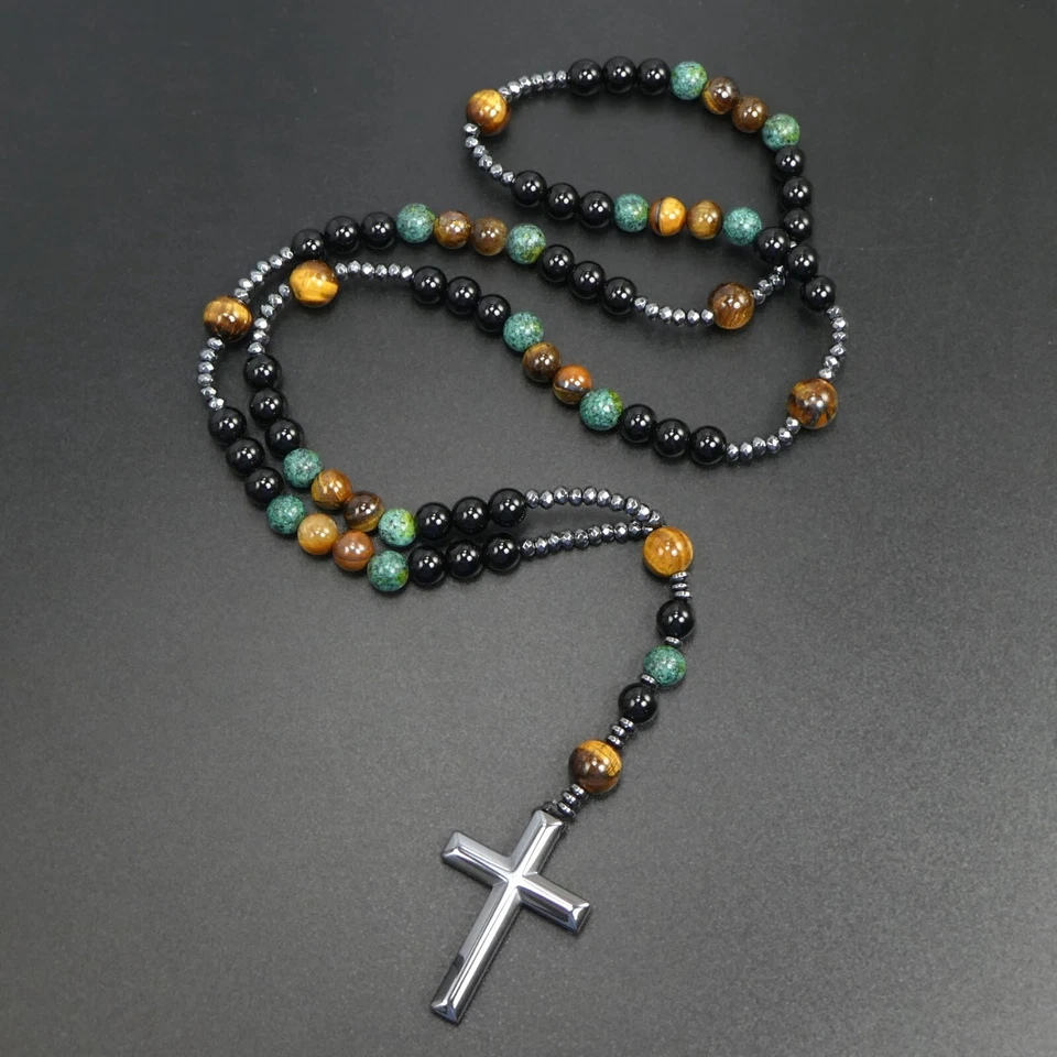 Collar Rosario Cruz Hematita Negro Obsidiana Ojo de Tigre Turquesa Africana Negro Foto 3 de 4