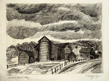 Alexander Kachinsky WPA Era Russian New York Artist Modernist Farm Etching Wow!!