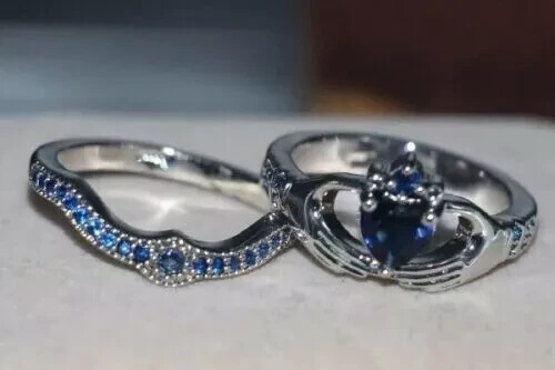 2.50CT Heart Lab Created Sapphire Diamond Bridal Set Ring 14K White Gold Plated - Picture 5 of 14