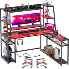 63'' L Shaped Gaming Desk with LED  Outlets, Computer Desk with Hutch   Shelves