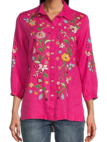 JOHN MARK BUTTON-UP TUNIC LINEN EMBROIDERED FLORAL GEOMETRIC MAGENTA MLT SIZE 2X
