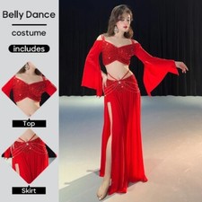Belly Dance Costume Set Suit Outfit Top Skirt Sequin Spring Mesh Stage Personal