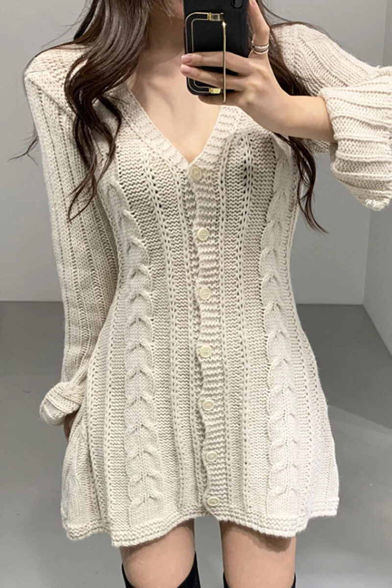 Womens V Neck Long Sleeves Knitted Sweater Dress Korean Fashion Mini Skirt  Tops | eBay