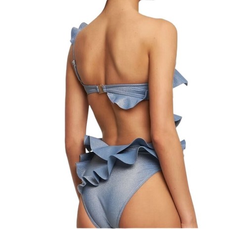 Zimmermann August Asymmetric One Piece | Blue Lurex/Shine, Frills, Cut Outs - Picture 4 of 10