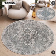 Teppich Rund Kurzflor Wohnzimmer Klassisch Blumen Grau Blau Beige ÖKOTEX