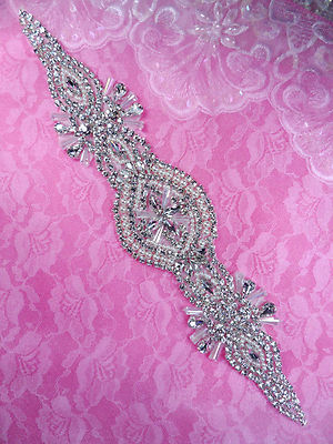 DH41 Pearl Applique Crystal Clear Silver Beaded Rhinestone Patch 13''