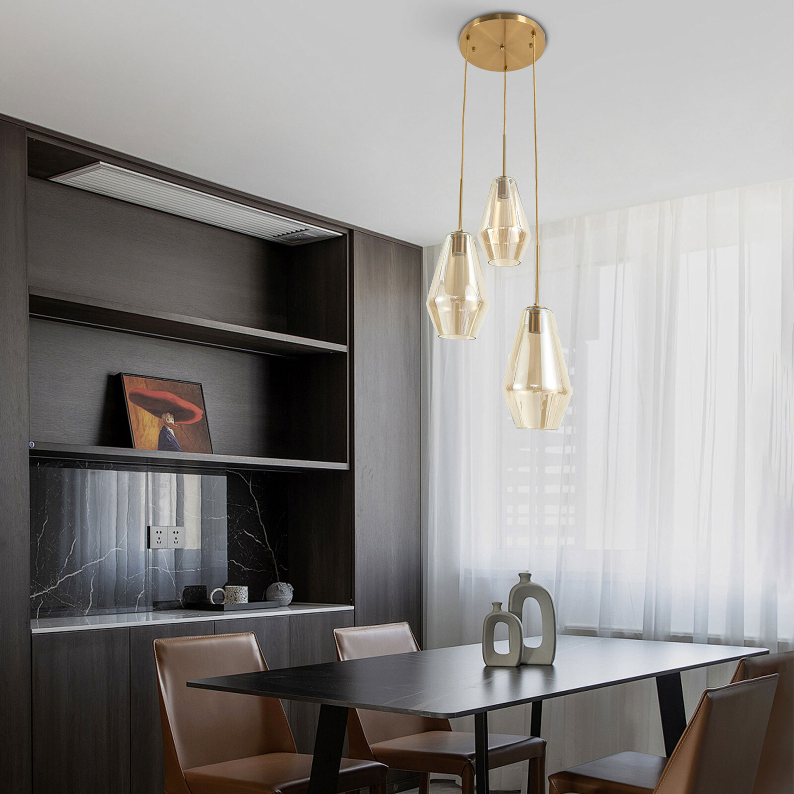 3-Light Modern LED Chandelier in Champagne Gold with Glass Shade