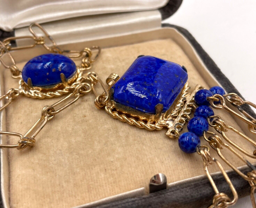 NEIGER BROS ANTIQUE CZECH LAPIS LAZULI BLU GLASS NECKLACE PENDANT CHAIN FESTOON - Picture 5 of 10