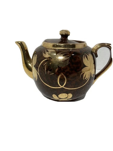 Vtg Gibson England China Teapot-22K Hand Painted Gold Floral over Faux Tortoise
