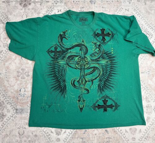Y2K MMA Elite Affliction Style Cross Wings Snake Goth T-Shirt Grün Herren XXL 2XL