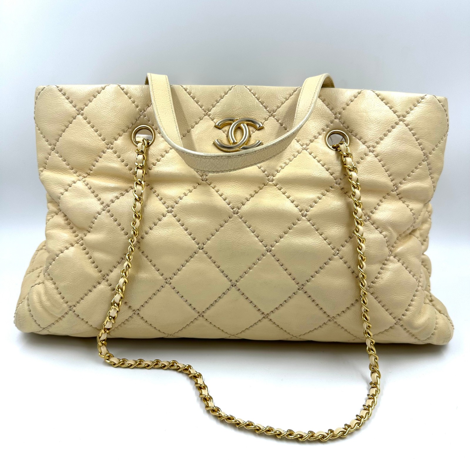 H125 Chanel Quilted Leather Retro Chain Large Tote Bag Yellow Shoulder Bag Auth