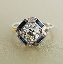 2.10 Ct Art Deco Style Moissanite  Sapphire Ring 14K White Gold Over