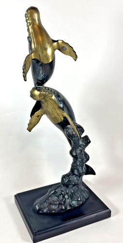 SPI Retired 13" Bronze Sea Life Humpback Whale & Calf Playing Sculpture Figurine