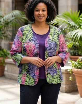 VTG Trenz By Theresa Renz Blazer Jacket 3X Art To Wear Palm Leaf Print.