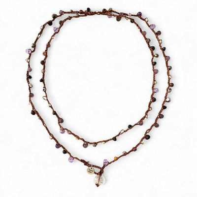 Thread & Luster Hand Crocheted Boho Necklace Glass Beads Brown Cord 19''