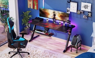 Eureka Ergonomic 60 Inch Z Shape RGB LED Lights Racing Gaming Desk, Black
