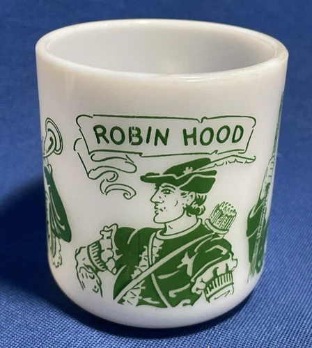 Hazel Atlas Milk Glass Robin Hood Child's Mug or Kiddie Cup Vintage 1950's EUC