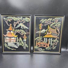 2 Vtg PBN Japanese Velvet Paintings Art Artwork Black Painting Small