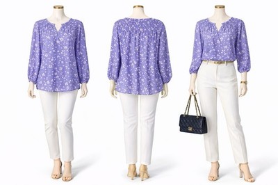Dokotoo Women's L Lavender Smocked Pleated Neck Blouse Long Sleeve Boho Chic