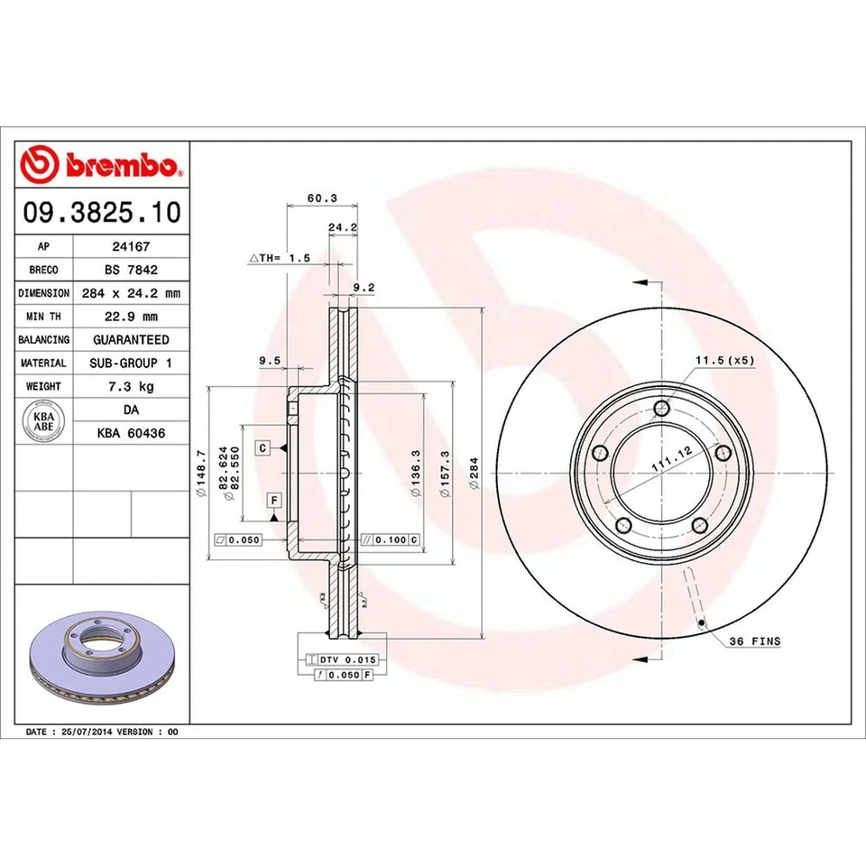 Rotor de freno de disco Brembo 09.3825.10 para 84-96 Jaguar Vanden Plas XJ6 XJRS XJS Foto 3 de 4