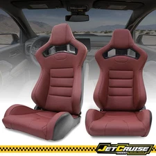Universal Reclinable 2x Racing Seats + Dual Slider PU Leather Left Right Red