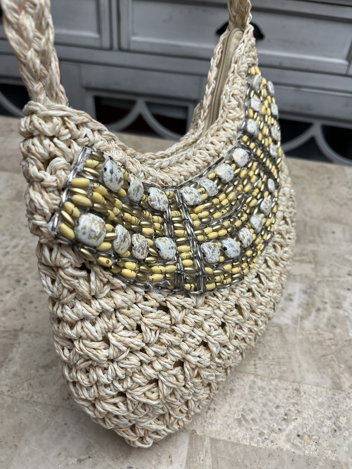 Sun N’ Sand Raffia Straw Purse Ivory Beaded Small Crossbody Bag Beach Vacation