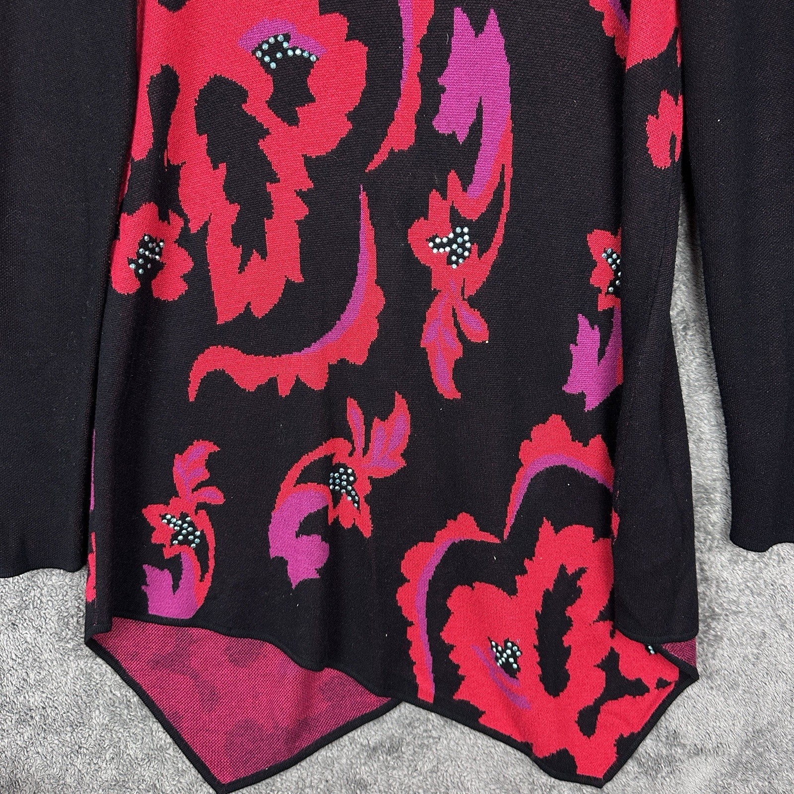 Joan Vass Rayon Knit Tunic Sweater Large Black Pink Floral Asymmetrical EUC