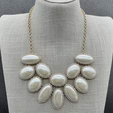 Charming Charlie Statement Bib Necklace Faux Pearl Rhinestone Gold Tone Women