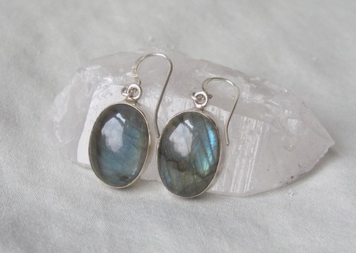 LABRADORITE Oval EARRINGS Sterling Silver 925 Oval Medium Dangle Cabochon Hooks