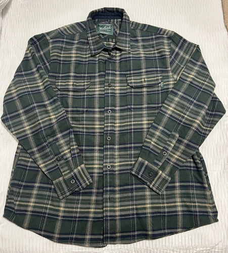 Woolrich Woolen Mills Green Plaid Print Button Front Flannel Shirt Mens XXL 2XL