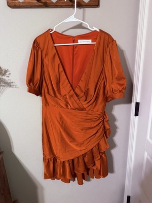 NWT Ieena for Mac Duggal V-neck Short Wrap Puff Sleeve Dress BurntOrange Size 10