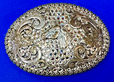 Horse Head - rhinestone accented Nocona 4" wide oval belt buckle