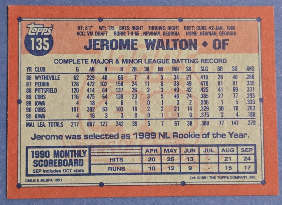 1991 Topps - Jerome Walton #135 - Chicago Cubs - 1989 NL Rookie of the Year - Image 2 of 2