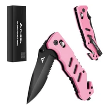 FLISSA Folding Pocket Knife w/Clips Survival Knife Seatbelt Cutter Glass Breaker