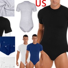 US Men's Short Sleeve Press Button Crotch Shirt Bodysuit Undershirts Leotard Top