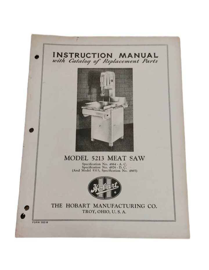 Hobart Instruction Manual/Replacement Parts Catalog For Meat Saw Model 5213 eBay