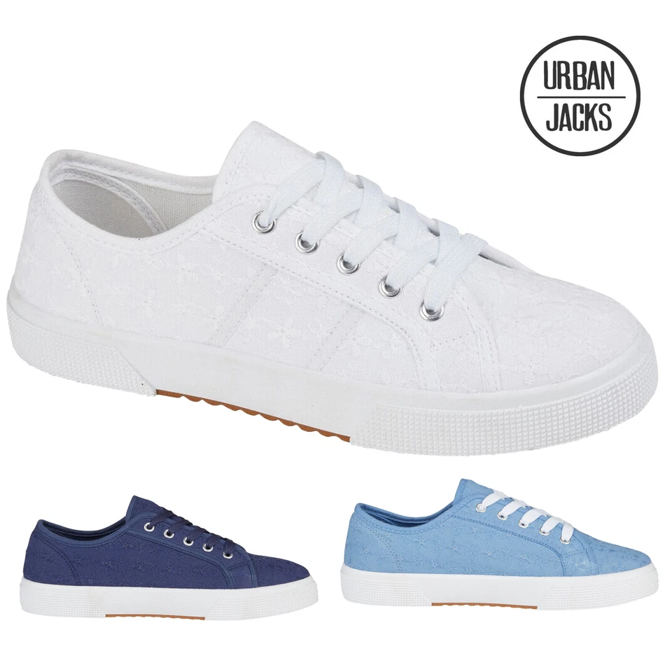 Ladies Womens Canvas Shoes Plimsolls Gym Trainers Floral Lace Up Pumps Size 3-8 - Image 2 of 4