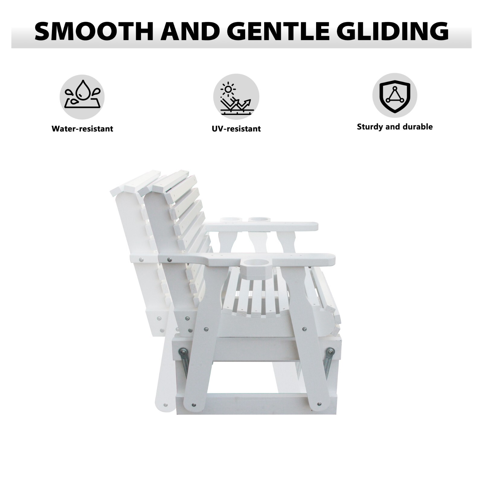 Beneouya Outdoor Wooden Glider Chair with Cup Holder for One Person, White