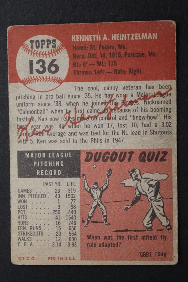 Ken Heintzelman (d.2001) Autographed 1953 Topps #136 Signed Vintage Card - Image 2 of 3