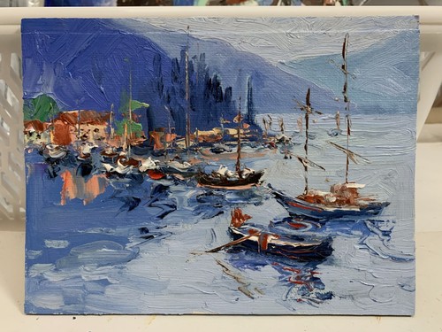 Landscape Harbor Serenity. Sunset. Yachts,sailing boats. ORIGINAL OIL PAINTING. - Picture 8 of 11