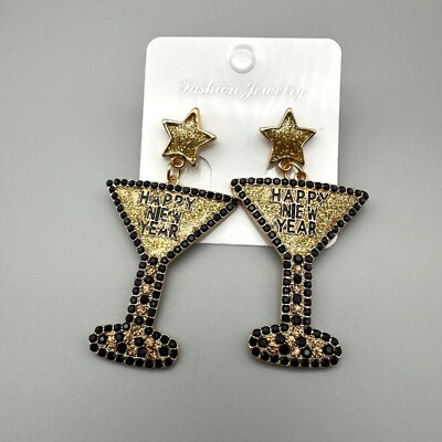 Glitter Martini Happy New Year Earrings Glass Star Dangle Holiday Black Gold NWT