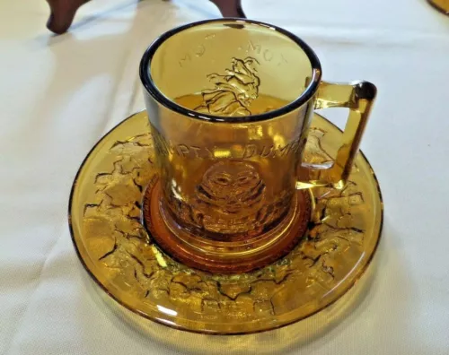 Vintage Indiana Glass Tiara Amber Child's Mug/Cup & Saucer Nursery Rhymes