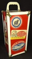 VTG DOLL WARDROBE STEAMER TRUNK w/SHIP AIR 66 TRAVEL STICKERS METAL TRAVEL CHEST
