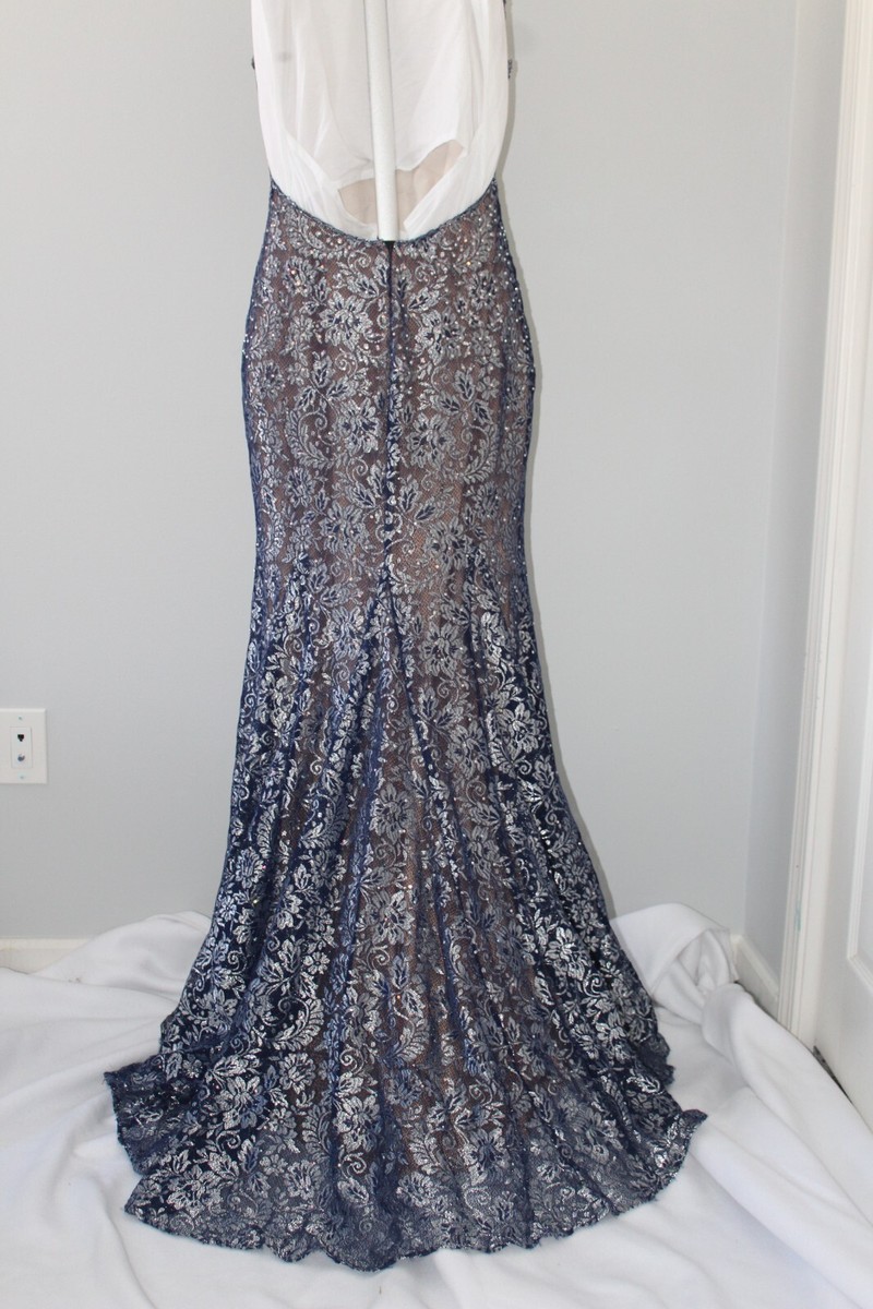 Jovani size 8 Backless Metallic Prom Lace Mermaid Gown Navy/Silver Gown |  eBay
