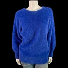 80% Angora Fuzzy Vintage Blue Dolman Long Sleeve Pullover Sweater 38 in bust