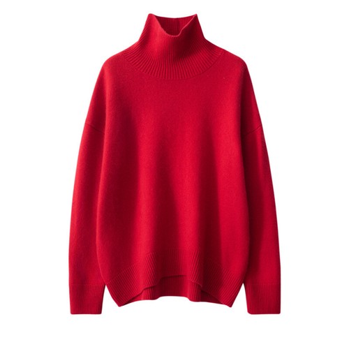 Red Sweater Thickened Cashmere Sweater Turtleneck Loose Winter Pullover Sweater - Picture 12 of 22