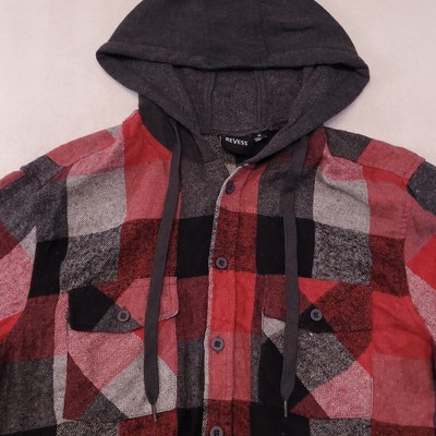 Revess Casual Button Up Long Sleeve Hoodie Mens Size Medium M Red Black Plaid