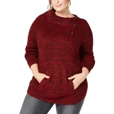 Style & Co Womens Plus 0X Red Black Marled Pocket Envelope Neck Sweater NWT