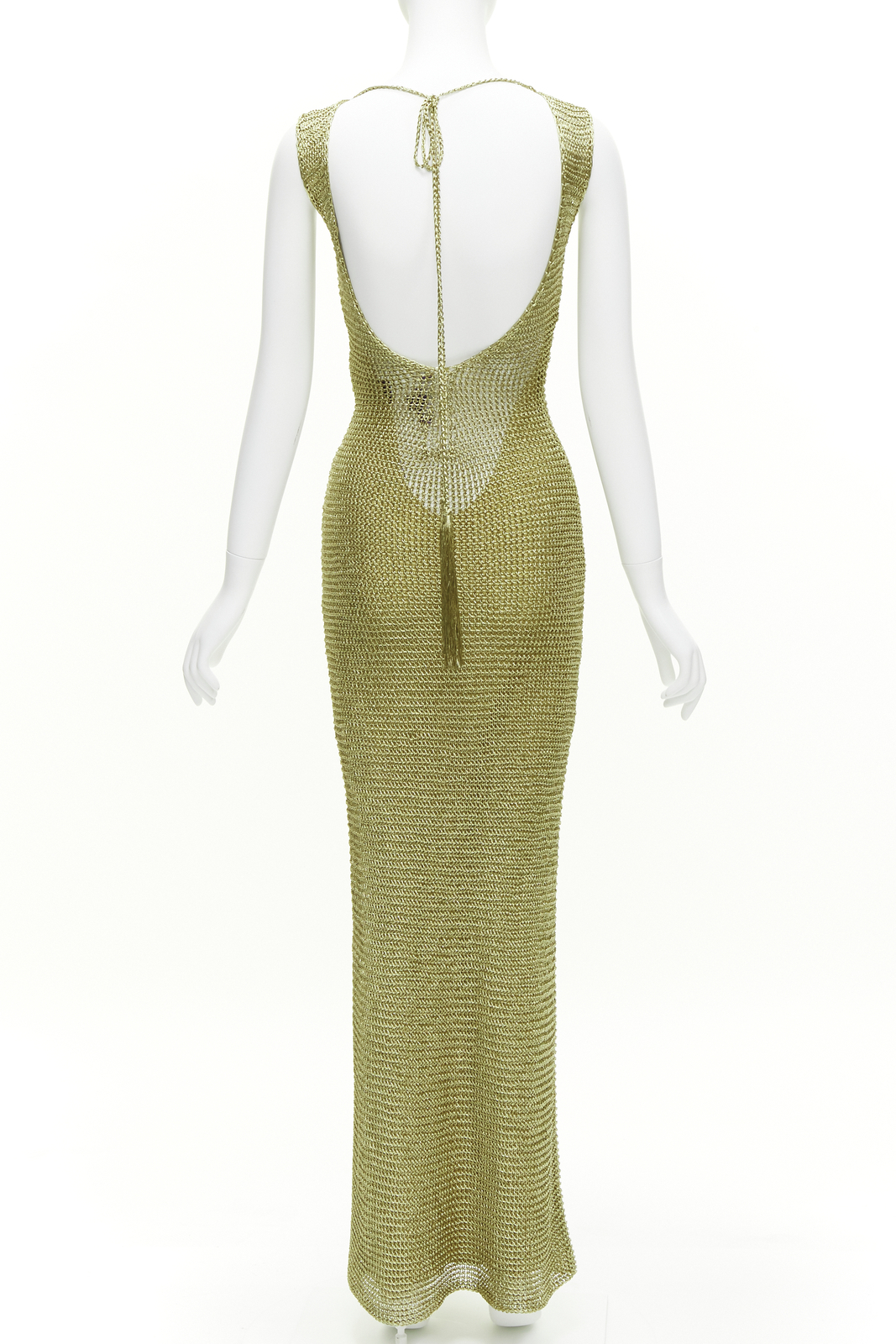 RALPH LAUREN PURPLE LABEL hand knit gold tassel crochet evening gown