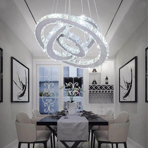 LED Crystal Ceiling Light 3 Ring Chandelier Modern Pendant Lamp Dimmable Lamp - Picture 1 of 17